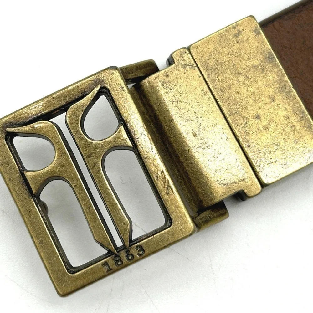 Frye Men's Brown Genuine Leather Belt Antique Brass Logo Buckle Size M